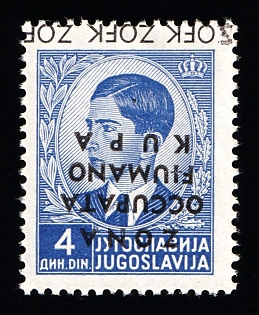 1941 4din Fiume and Kupa Zone, Yugoslav Currency, Italian Occupation, INVERTED Overprint
