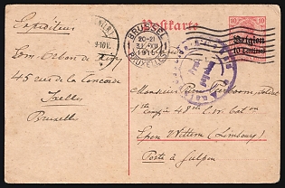 1915 (31 Dec) Belgium, German Occupation, Germany, Registered Censored 10c Postal Stationery Postcard  from Brussels (Belgium) to Epen-Wittem, Limbourg (Netherlands) tied by Wavy Lines, Violet Handstamp