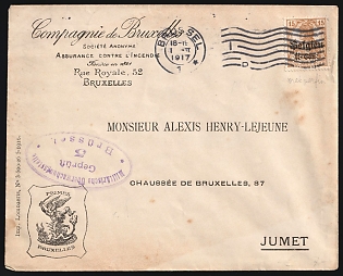 1917 (1 Feb) Belgium German Occupation, Germany, Censored Cover from Brussels Insurance company 'Compagnie de Bruxelles' (Belgium) to Jumet (Belgium) tied by Wavy Lines, Violet Handstamp, franked with Perfin of 15c