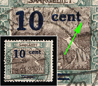 1921 10c Saar, Germany, MISSING Dot after 'Cent'