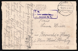 1917 (8 May) Romania, German Occupation, Germany, Stampless Free Tariff Field Post Feldpost Postcard from Romania to Bornecke (Germany), Soldier's Letter Violet Handstamp