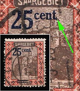 1921 25c Saar, Germany, Dash after 'Cent' Instead of Dot