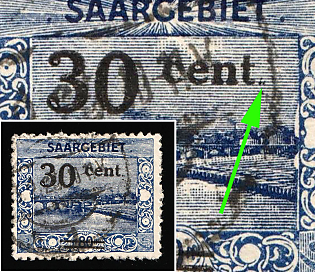 1921 30c Saar, Germany, MISSING Dot after 'Cent'