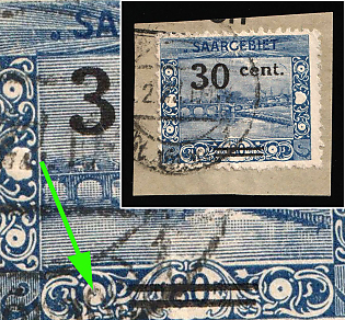 1921 30c on piece Saar, Germany, Without a Dot in the Circle at the Bottom Left
