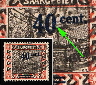 1921 40c Saar, Germany, Recess at '0' in 40, SHIFTED Black Color
