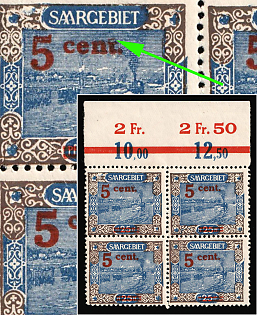 1921 5c Saar, Germany, Block of Four, Margin Plate Number, Broken 'T' in 'Cent'