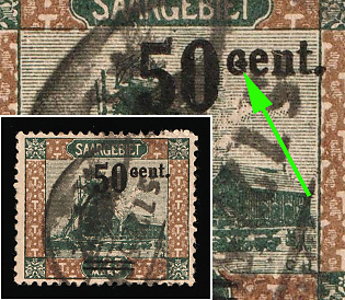 1921 50c Saar, Germany, 'G' instead of 'C' in 'Cent'