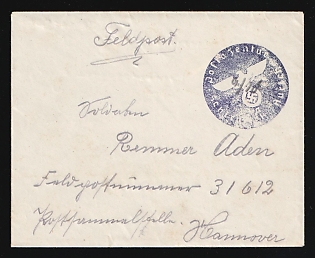 1939 (9 Oct) Third Reich, Germany, Military Mail Field Post Feldpost, Stampless Cover from Postal Agency Aurich - Oldendorf to Mail collection point in Hanover, Field Post number '31612'