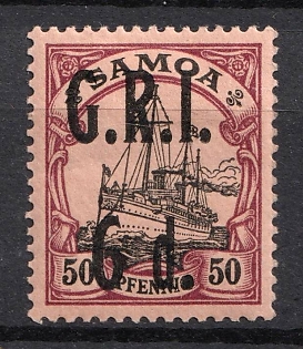 1914 6d on 50pf British Occupation of Samoa, Kaiser’s Yacht, 'G. R. I.', German Colonies, Germany