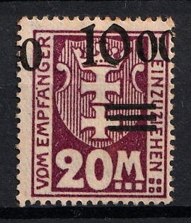 1923 10,000 on 20m Danzig Gdansk, Germany, Postage Due Stamp, Strongly SHIFTED Overprint