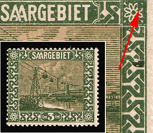 1922 3c Saar, Germany, BROKEN Upper Right 'Flower'