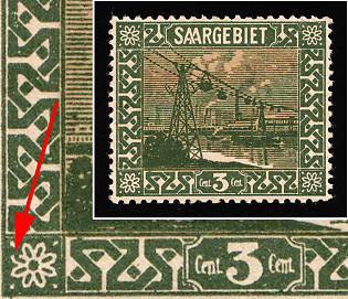 1922 3c Saar, Germany, BROKEN Lower Left 'Flower'