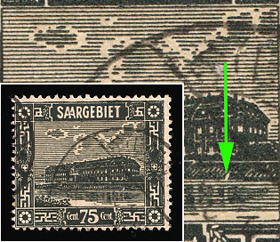 1922 75c Saar, Germany, White Stain on the Right Side of the Pier Wall