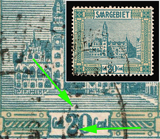 1923 20c Saar, Germany, Streak to the Right of the '2' in '20' and Crack on the Square above the '2'