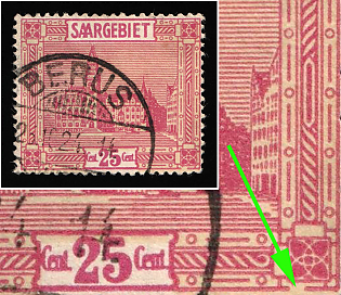 1923 25c Saar, Germany, BROKEN Frame Under the Lower Right Flower