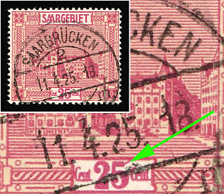 1923 25c Saar, Germany, Streak Above '5' in '25'