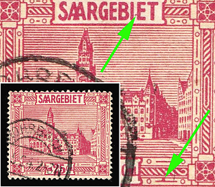 1923 25c Saar, Germany, Dot on the Bottom Line on the Right, Dot Between 'I' and 'E' in 'Saargebiet'