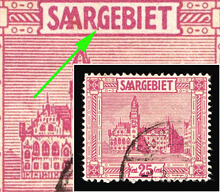 1923 25c Saar, Germany, The Line Near 'G' in 'Saargebiet'