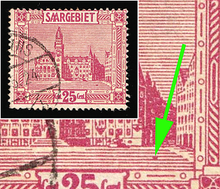 1923 25c Saar, Germany, Dark Spot on the 'Stairs' at the Right