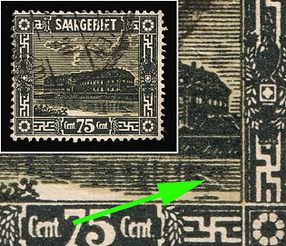 1923 75c Saar, Germany, White Diagonal Line on the Right in the Yard