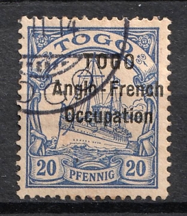 1914 20pf British Occupation of Togo, Kaiser’s Yacht, German Colonies, Germany