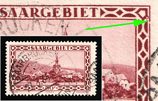 1926 50c Saar, Germany, BROKEN Frame in the Upper Right Corner