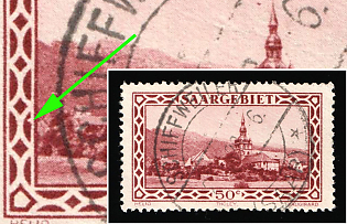 1926 50c Saar, Germany, Semicircular Recess in the Frame on the Left