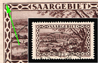 1926 75c Saar, Germany, Frame Broken in the Upper Left Corner