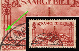 1926 2fr Saar, Germany, Horizontal Line Along Vertical Lines on the Right