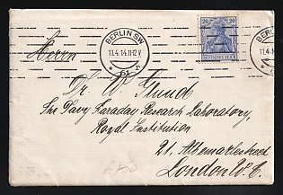 1914 (11 Apr) German Empire, Germany, Cover from Berlin to The Davy Faraday Research Laboratory, Royal Institution, London (United Kingdom, England), franked with 20pf
