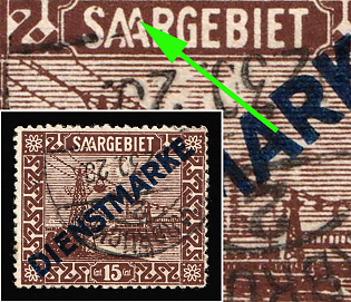 1922/24 15c Saar, Germany, Official Stamps, Recess Inside the Second 'A' in 'Saargebiet'