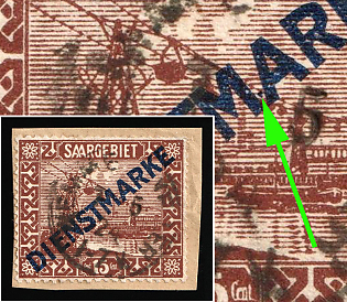1922/24 15c on piece, Saar, Germany, Official Stamps, Dot Between 'M' and 'A' in Overprint