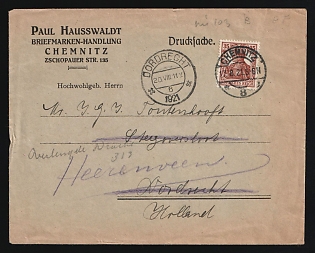 1921 (17 Aug) 'Paul Hausswaldt Stamp Shop', Weimar Republic, Germany, Cover with printed matter from Chemnitz to Dordrecht (Netherlands), redirected to Heerenveen (Netherlands), franked with 35pf, with rectangular gray Handstamp 'A 2' on the back side