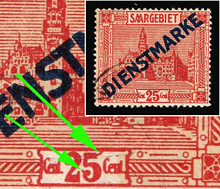 1922/24 25c Saar, Germany, Official Stamps, Streaks above and below '5' in '25'
