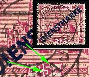 1923/24 25c Saar, Germany, Official Stamps, Streaks above and below '5' in '25'