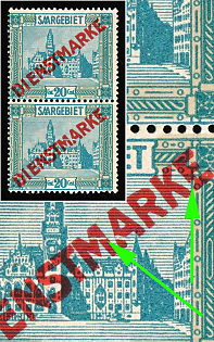 1923/24 20c Saar, Germany, Official Stamps, Pair, White Diagonal Line between 'M' and 'A' in 'Dienstmarke'