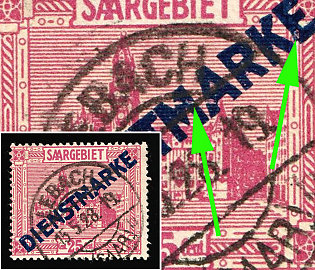 1923/24 25c Saar, Germany, Official Stamps, White Diagonal Line between 'M' and 'A' in 'Diensmarke'