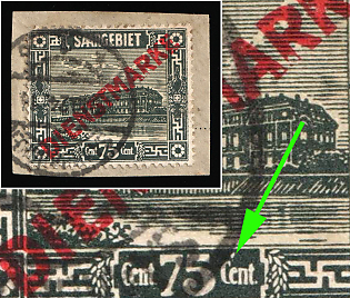 1923/24 75c on piece, Saar, Germany, Official Stamps, Dot Above the 'C' in 'Cent' on the Right