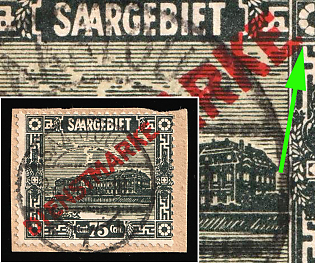 1923/24 75c on piece, Saar, Germany, Official Stamps, Extended Lower Line 'E' in Overprint
