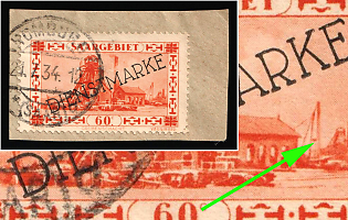 1929/34 60c on piece, Saar, Germany, Official Stamps, Dot Between Two Masts on the Right