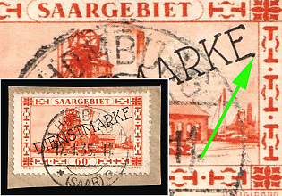 1929/34 60c on piece, Saar, Germany, Official Stamps, Broken Second 'E' in 'Diensmarke'
