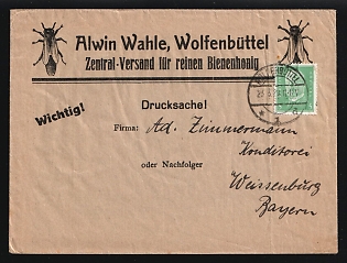 1929 (23 Mar) 'Alwin Wahle, Wolfenbuttel. Central shipping for pure bee honey', Weimar Republic, Germany, Commercial Advertising Cover with printed matter from Wolfenbuttel to Weisenburg in Bavaria, franked with 5pf, with Advertising for bee honey on the back side with an image of a jar of honey and the inscription: 'Guaranteed pure bee flower honey'