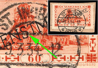1929/34 60c on piece, Saar, Germany, Official Stamps, 'S' Compressed at the Bottom in 'Diensmarke'
