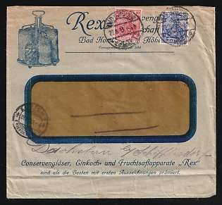1913 (27 Aug) 'Rex - Canning Jar Company', German Empire, Germany, Commercial Advertising Cover from Bad Homburg to Schofflisdorf, franked with 10pf, 20pf, with Advertising for preserving products, Perfin