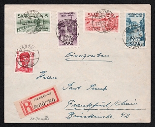 1948 (22 Oct) Saar Registered Cover to Frankfurt (Germany), franked with 2f, 5 + 5Fr, 6 + 4Fr, 12 + 8Fr, 18 + 12Fr