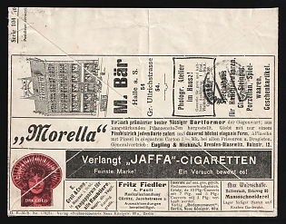 1909 (14 Apr) 'Jordan & Berger', German Empire, Germany, 10pf Postal Stationery Commercial Advertising Cover from Berlin to Warsaw (Poland), additionally franked with 10pf, with purple oval Handstamp 'Jordan & Berger' on the front side, with advertisements of various contemporary companies on the back side