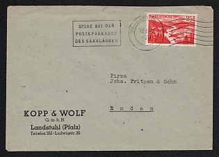 1949 (17 Aug) Saar, Airmail Commercial Cover to Emden (Germany), franked with 25Fr, with dark Handstamp 'Save money at the Saar postal savings bank'