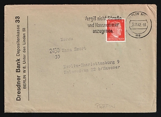 1942 (3 Nov) 'Dresden Bank Deposit Office 33', Third Reich, Cover locally addressed in Berlin - Charlottenburg, franked with 8pf, information rectangular Handstamp 'Don't forget to include the street and house number' and internal bank codes '2450' and '33'