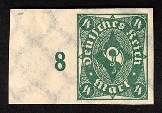 1922-23 4m Weimar Republic, Germany, Imperforate, Margin, Plate Number, Signed