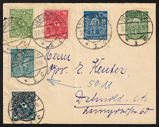 1923 (20 Aug) Weimar Republic, Germany, Cover from Travemunde (Lubeck) to Detmold franked with 2 x 10m, 2 x 40m, 2 x 50m, 3 x 100m, 200m and 300m, Signed
